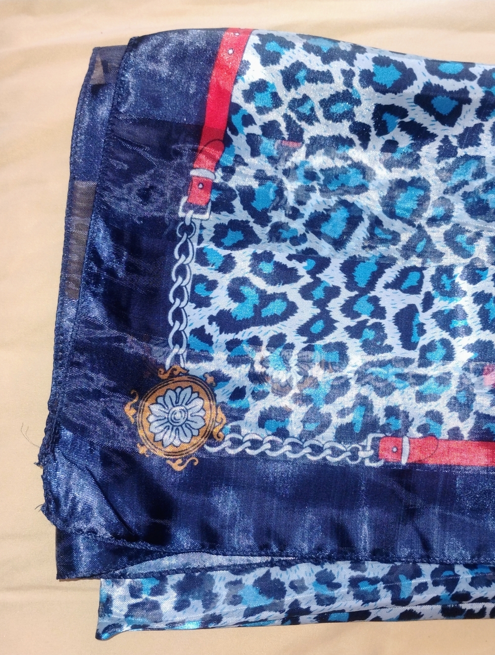 Blue Leopard Print Chain-Detail Silk Scarf with Red Accents